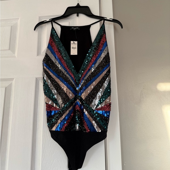 EXPRESS Holiday Multi Color Sequins Bodysuit Festival Coachella - Picture 3 of 10